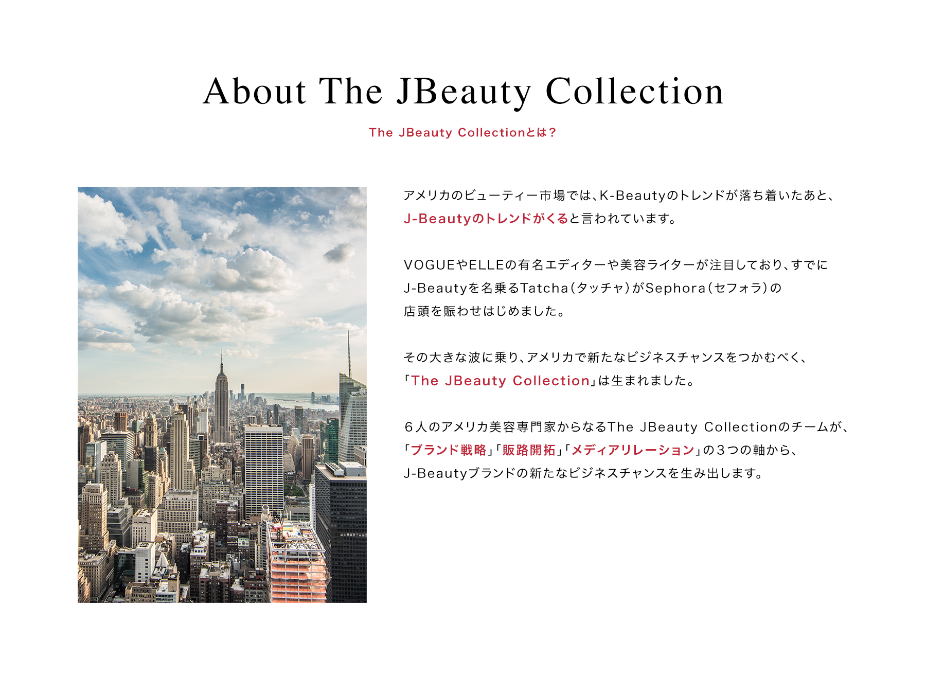 About The JBeauty Collection | The JBeauty Collectionとは？ | アメリカのビューティー市場では、K-Beautyのトレンドが落ち着いたあと、J-Beautyのトレンドがくると言われています。VOGUEやELLEの有名エディターや美容ライターが注目しており、すでにJ-Beautyを名乗るTatcha（タッチャ）がSephora（セフォラ）の店頭を賑わせはじめました。その大きな波に乗り、アメリカで新たなビジネスチャンスをつかむべく、「The JBeauty Collection」は生まれました。６人のアメリカ美容専門家からなるThe JBeauty Collectionのチームが、「ブランド戦略」「販路开拓」「メディアリレーション」の３つの軸から、J-Beautyブランドの新たなビジネスチャンスを生み出します。